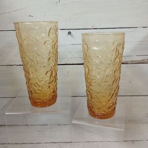 Vintage Set of 2 Anchor Hocking Lido Milano Amber Gold Crinkle Glass.